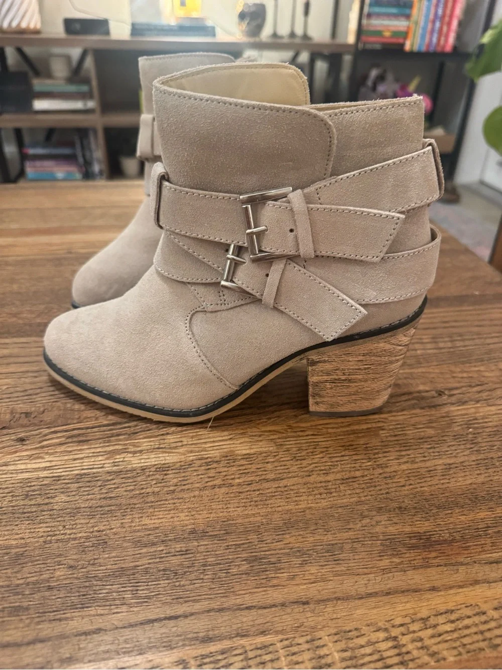 Women’s Beige Suede Buckle Ankle Booties